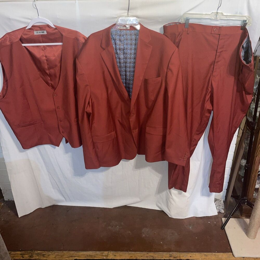 Stacy Adams Men’s 3 Pc Suit Sz 60R Jacket 54x29 Pants Red Tetron Blend Business